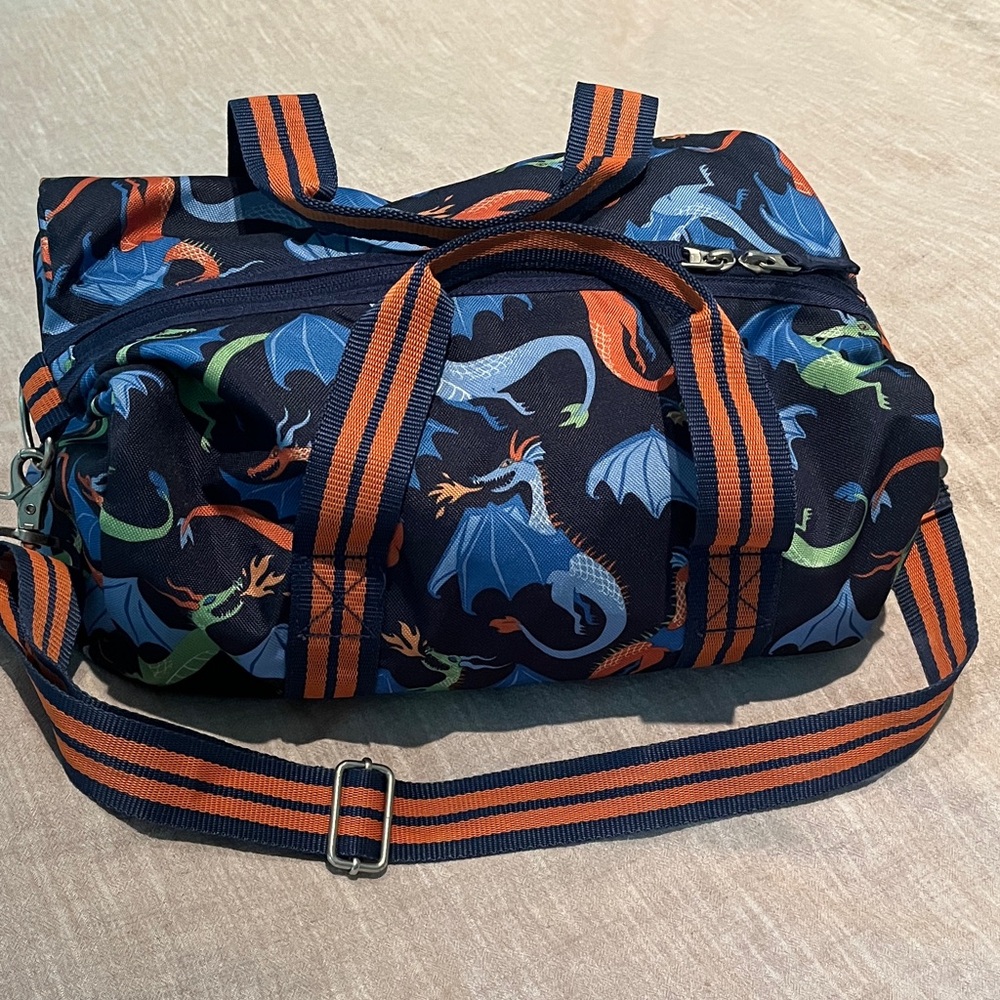 Dragon Print Duffle Bag with Orange Straps